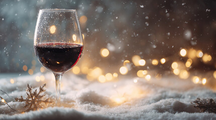 Glass of red wine with festive bokeh lights on winter background