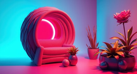 Futuristic pink chair with neon light and plants in modern room setting