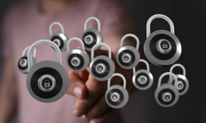 Hand holding digital padlocks, symbol of protection and cybersecurity, secure data and safe access, concept of