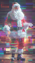 Glitch-style Santa Claus portrait with vibrant neon distortion