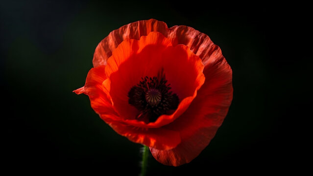 red poppy on black background, Remembrance day poppy. Red poppies in a poppies field with desaturated background