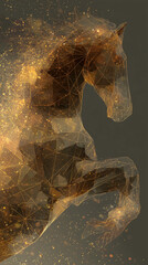 Golden polygonal horse made of glowing particles on dark background