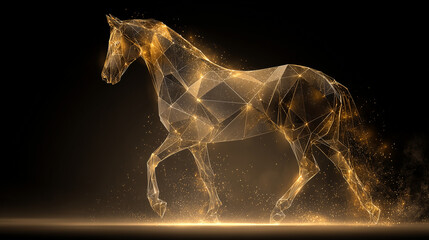 Golden polygonal horse made of glowing particles on dark background