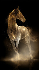 Golden polygonal horse made of glowing particles on dark background