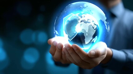 Faceless person holding digital globe with shield, defocused background, global cybersecurity concept, data protection symbol, international security visualization, worldwide priva - Powered by Adobe