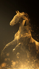 Golden polygonal horse made of glowing particles on dark background