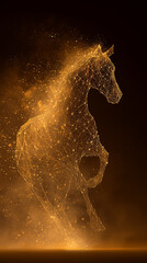 Golden polygonal horse made of glowing particles on dark background