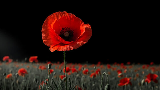 red poppy on black background, Remembrance day poppy. Red poppies in a poppies field with desaturated background