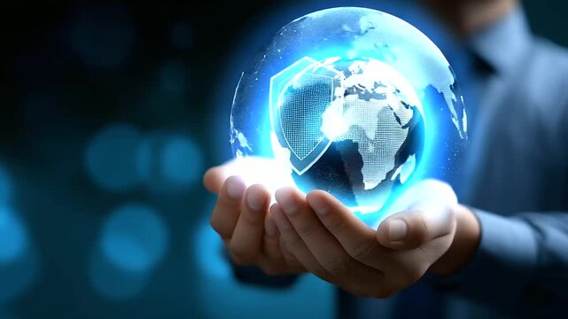Faceless person holding digital globe with shield, defocused background, global cybersecurity concept, data protection symbol, international security visualization, worldwide priva