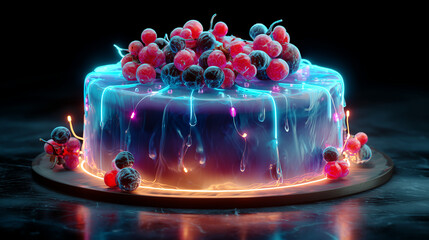 Futuristic neon cake with glowing glaze and berries on dark background