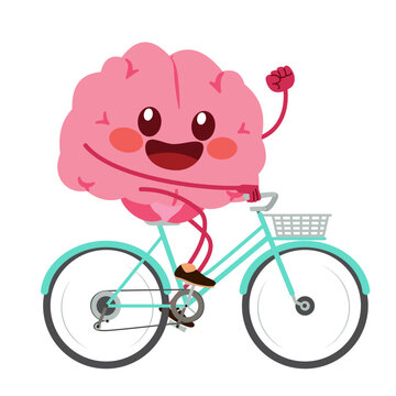 Cartoon vector illustration of a happy pink brain riding a bicycle concept for mental health, wellness, cognitive activity and positive lifestyle habits