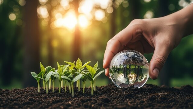 Hand placing a crystal globe near green seedlings symbolizing earth conservation and growth