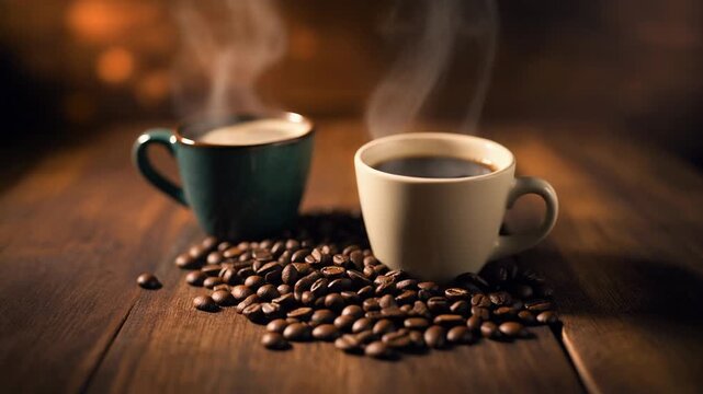Warm steaming coffee cups beside scattered coffee beans on wooden table in cozy ambiance