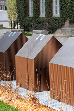 Strong pattern of modular units in an urban corner of Copenhagen highlights recycling and waste solutions, materials and eco design that reinforce environment, sustainability and climate action