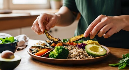 Person eating healthy colorful vegetable bowl