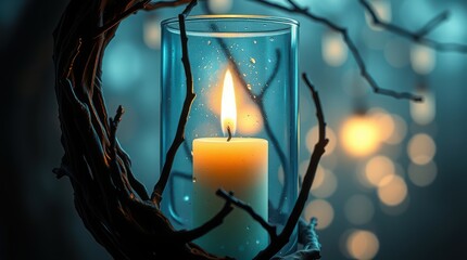 lit candle in glass with twigs and bokeh lights background