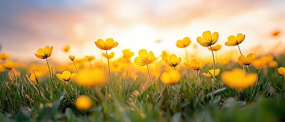 Close-up of vibrant yellow flowers in a field with green grass, bathed in the warm light of a sunset.