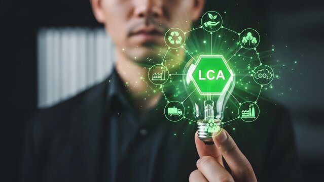 Innovative sustainability concept shows LCA in glowing bulb, perfect for environmentally conscious companies seeking green solutions and eco-friendly practices