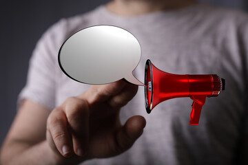 Person indicating communication and announcing with a megaphone speech bubble. Marketing promotion concept. Illustration of a hand with message