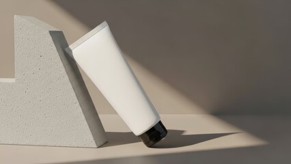 Blank white cosmetic tube mockup leaning on a concrete geometric stand with sunlight and shadow.