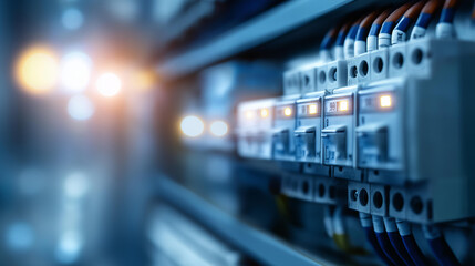 High-tech control panel filled with switches and wiring glowing ominously in blue light, electrical system complexity, technical infrastructure, circuit board visualization, power