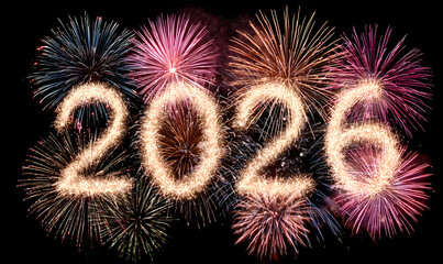 new year fireworks display forming the numbers "2026" colorful colors on a dark night sky background