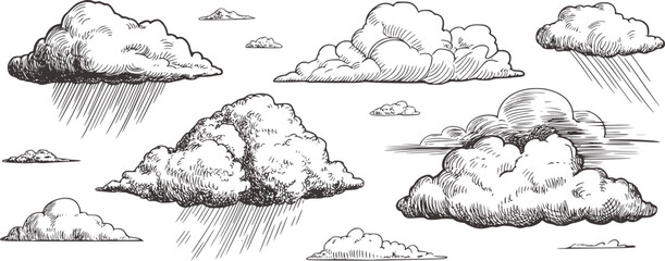Black and white sketch of various clouds with rain © Rakibul V