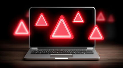 Multiple red alert notification icons appearing on laptop screen, email security threat visualization, inbox spam overload, data protection urgency, cybersecurity breach warning, p