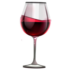 An elegant crystal wine glass filled with swirling red wine, isolated on a clean white background.