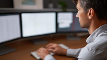 Faceless server hub administrator using isolated screen computer, firewall misconfiguration detection, defocused background, systems bottleneck checking, sluggish data transfer tro