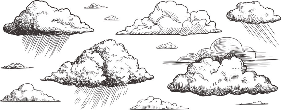 Black and white sketch of various clouds with rain
