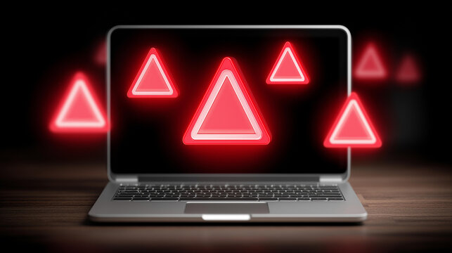 Multiple red alert notification icons appearing on laptop screen, email security threat visualization, inbox spam overload, data protection urgency, cybersecurity breach warning, p