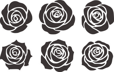 Six dark grey rose outlines on white background flower