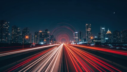 Fototapeta premium Dynamic long exposure of highway traffic light trails leading into a glowing city skyline at night