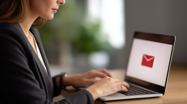 Faceless businesswoman receiving email alert warning on laptop, phishing scam notification, suspicious mail threat, digital inbox overload, cybersecurity breach, online fraud detec