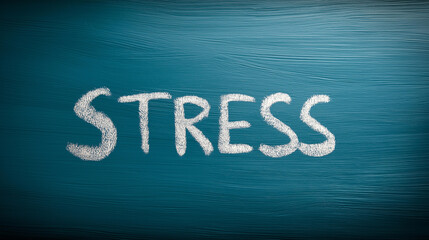 STRESS text written on chalkboard surface, lettering stress concept, mental health awareness, pressure visualization, anxiety representation, psychological strain communication, ed