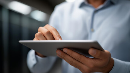 Closeup faceless data center administrator using tablet device, server vulnerability protection, exploitable software auditing, defocused background, cybersecurity specialist work,