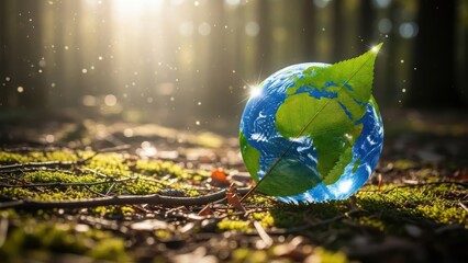 Green leaf covering earth globe resting on mossy forest ground in bright sunlight