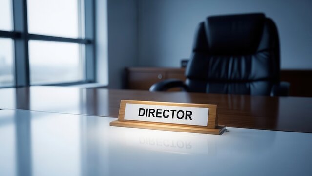 Director's nameplate on desk ready for new leadership at office