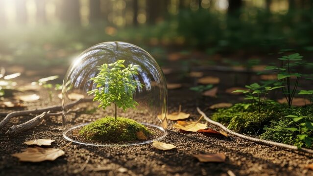 Environmental protection concept young plant growing under a glass dome in the forest