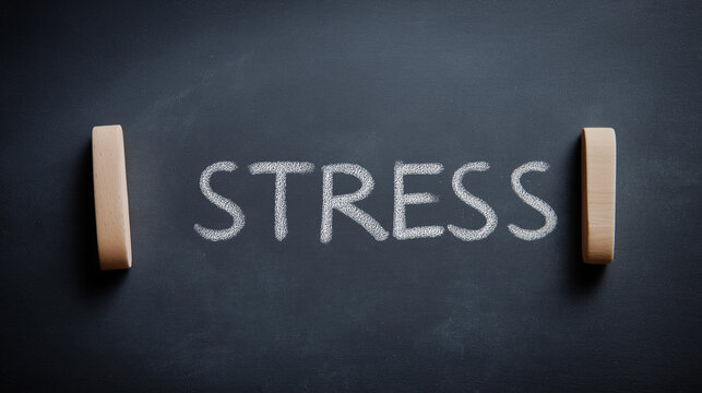 STRESS text written on chalkboard surface, lettering stress concept, mental health awareness, pressure visualization, anxiety representation, psychological strain communication, ed - Powered by Adobe