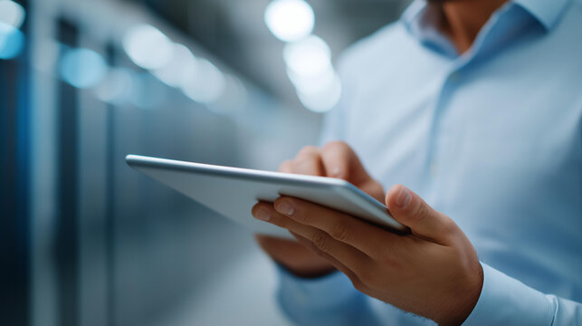Closeup faceless data center administrator using tablet device, server vulnerability protection, exploitable software auditing, defocused background, cybersecurity specialist work,