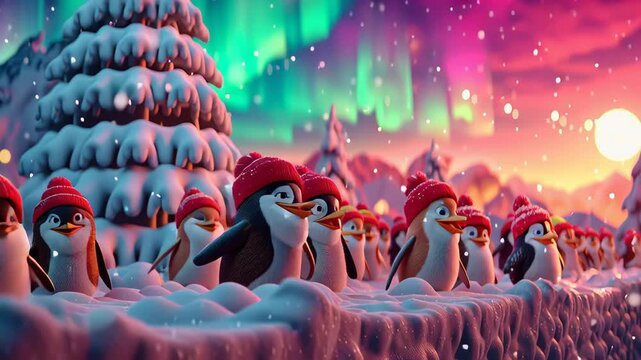 Group of fluffy penguins in red pom pom hats smile in deep snow beneath colorful northern lights sky, joyful winter holiday animation concept