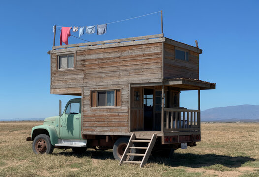 Rustic stacked wooden dwelling mounted on a vintage truck with laundry drying overhead.