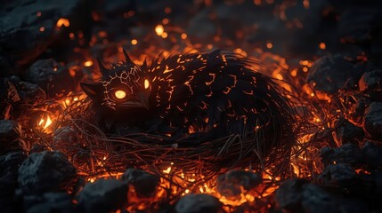 Mythical creature resting in fiery embers and glowing ash
