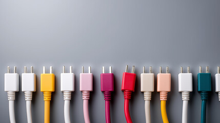 Power strip with multiple electrical cords plugged in arrangement, overload risk, electrical distribution, gray background, home power usage, extension cord setup, safety concern v