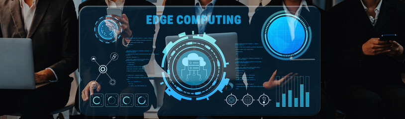 A modern business team discusses cutting-edge edge computing technology while interacting with a digital interface displaying essential data graphics and analytics. Trope