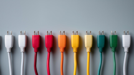 Power strip with multiple electrical cords plugged in arrangement, overload risk, electrical distribution, gray background, home power usage, extension cord setup, safety concern v