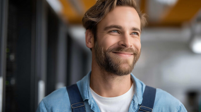 Faceless smiling engineer in server hub monitoring data center energy consumption, defocused background, happy IT expert walking, sensor functionality verification, optimal rig ope