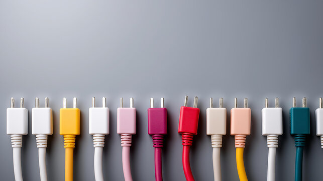 Power strip with multiple electrical cords plugged in arrangement, overload risk, electrical distribution, gray background, home power usage, extension cord setup, safety concern v